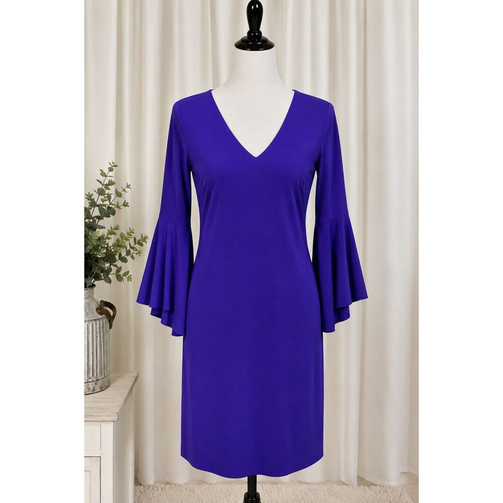 Lauren Ralph Lauren Women's Size 6 Royal Purple Bell Sleeve V-Neck Sheath Dress - Picture 3 of 6